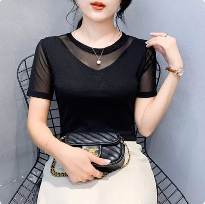 Women Slim Fit Long Sleeve Mesh T-Shirt
