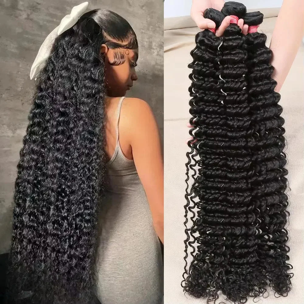 40 Inch Deep Wave Brazilian Human Hair Extensions Natural Black