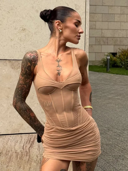 Elegant Fishbone V-neck Mini Dress Women Sleeveless Polyester