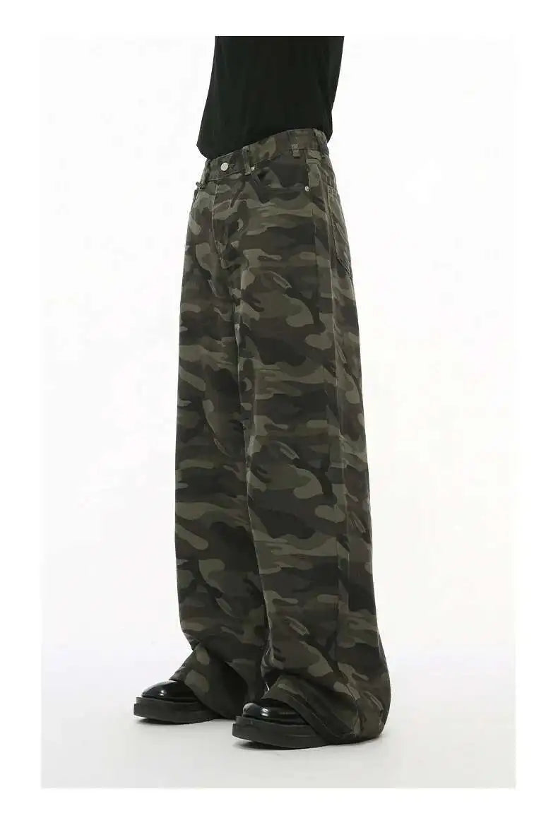 IEFB Vintage Camouflage Men's Loose Denim Jeans Old Blue