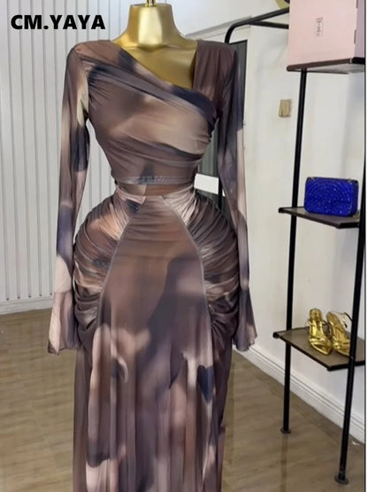 Women Tie Dye Maxi Dress with Skew Neck and Flare Sleeves