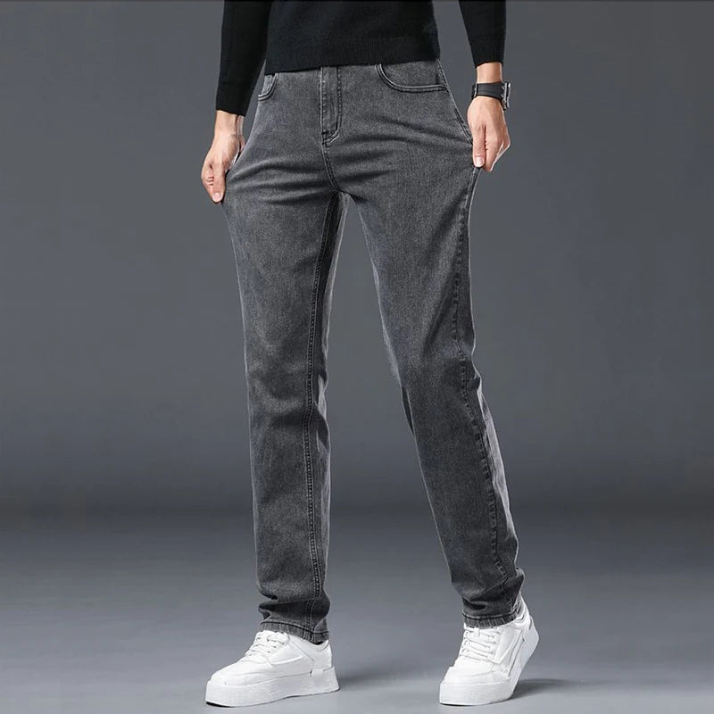 Men's Slim Denim Jeans Casual Elastic Trousers Black Gray