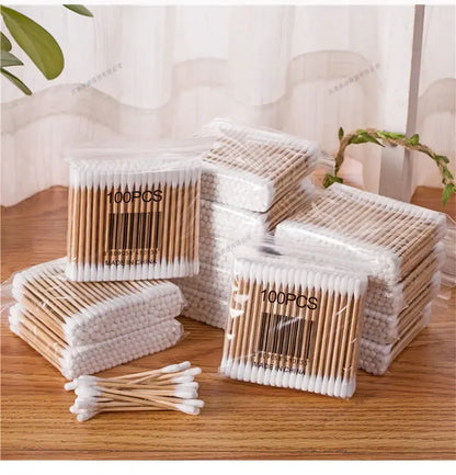 100 Pcs Baby Cotton Swabs with Wooden Sticks