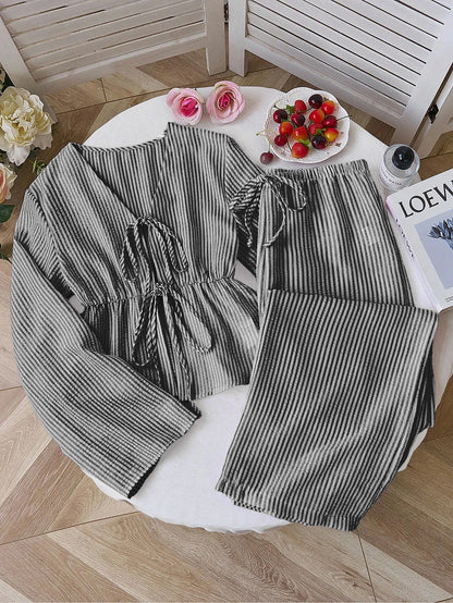 Women Striped V Neck Lace Up Blouse and Wide Leg Pants Set