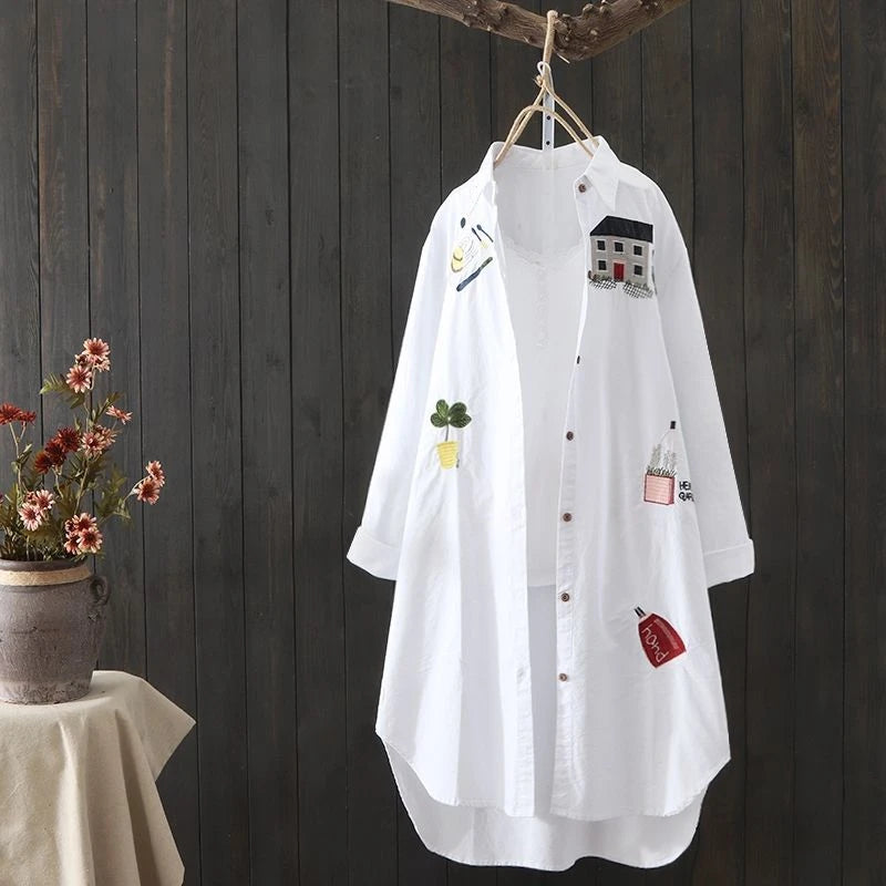 Women’s Loose White Cotton Embroidery Blouse