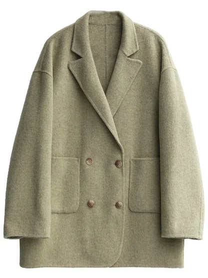 Women's Woolen Double Breasted Jacket Office Lady Outerwear