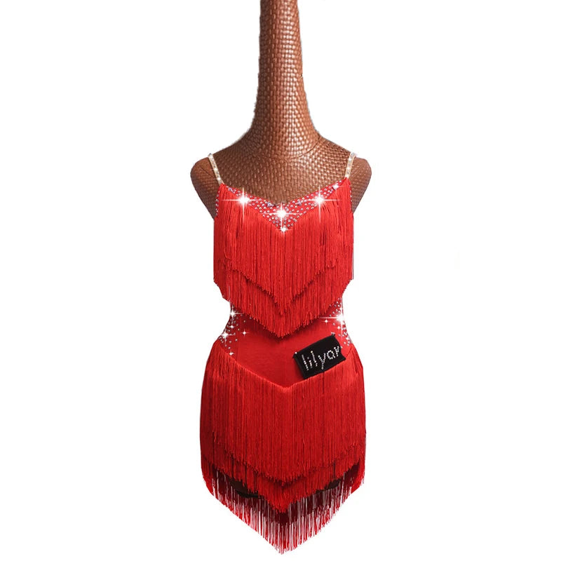 Latin Dance Dress with Rhinestones and Tassels in Red and White