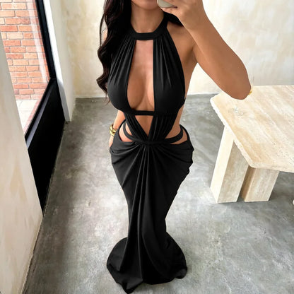 Khaki Halter Cut-Out Maxi Dress for Elegant Parties