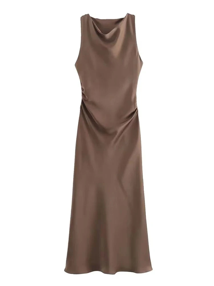 Satin Midi Dress for Women Sleeveless Elegant Evening Dress