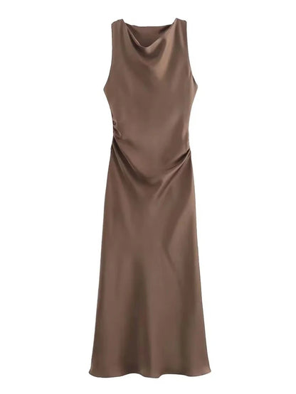 Satin Midi Dress for Women Sleeveless Elegant Evening Dress