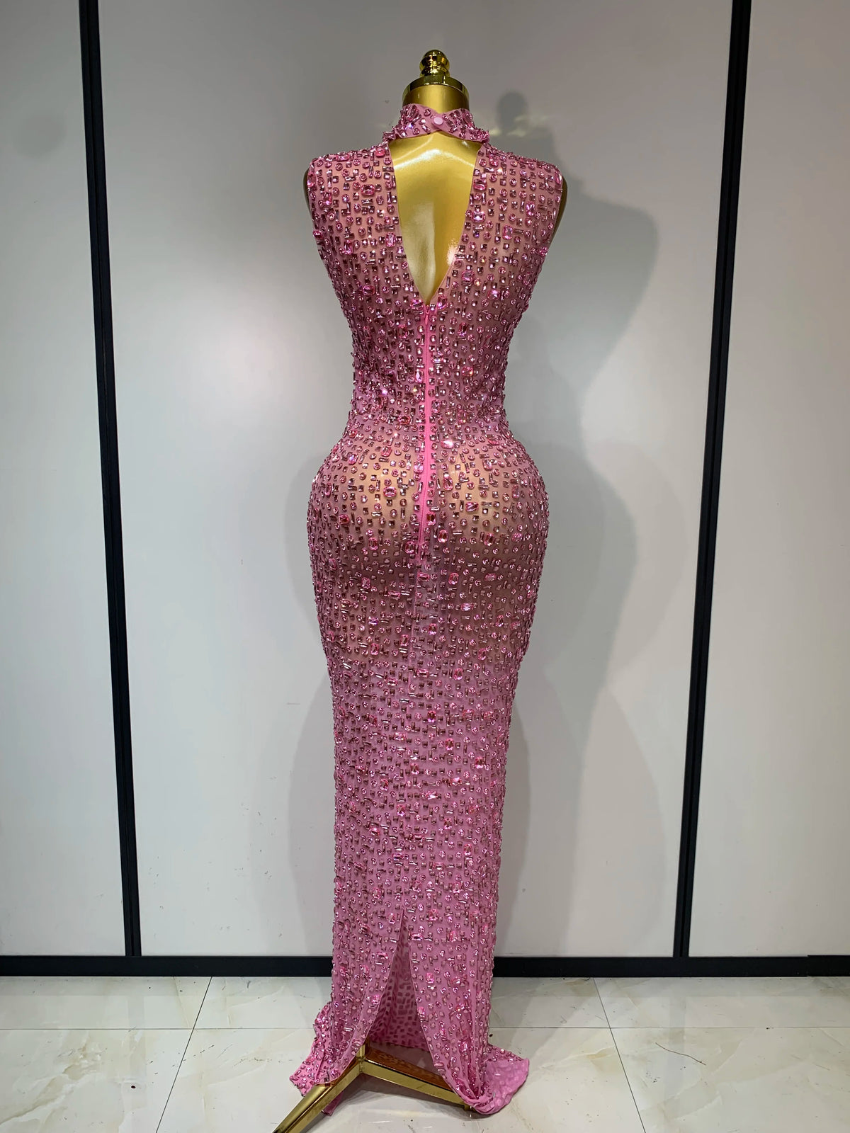 Gold Rhinestone Sleeveless Long Dress for Women