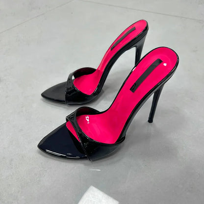 Patchwork Stiletto Heel Slippers Open Toe Thin Heels