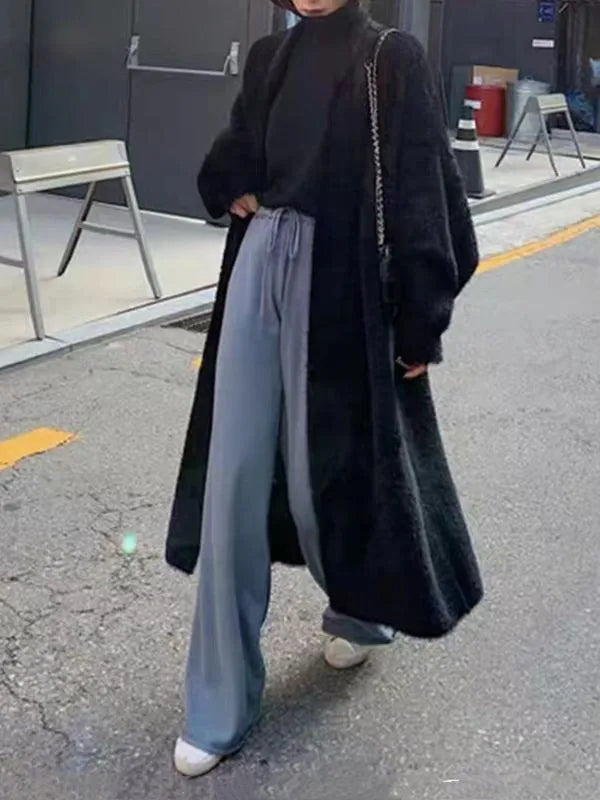 Thick Knee Length Open Knit Coat for Women
