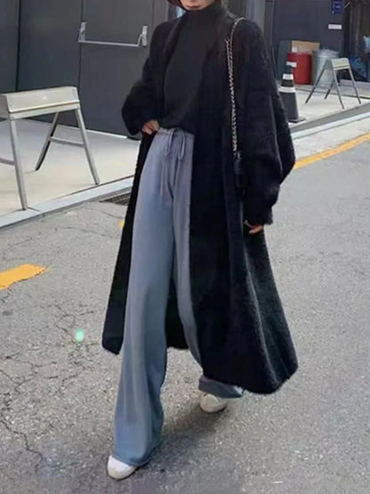 Thick Knee Length Open Knit Coat for Women