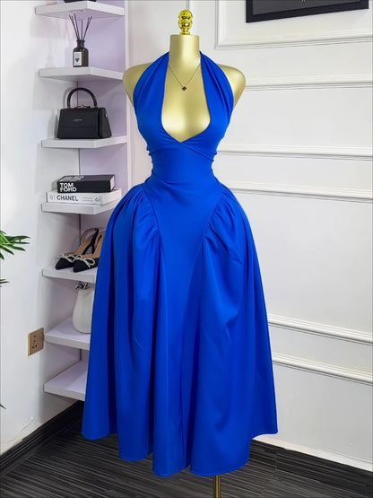 Women Halter V-neck Backless Maxi Dress Polyester