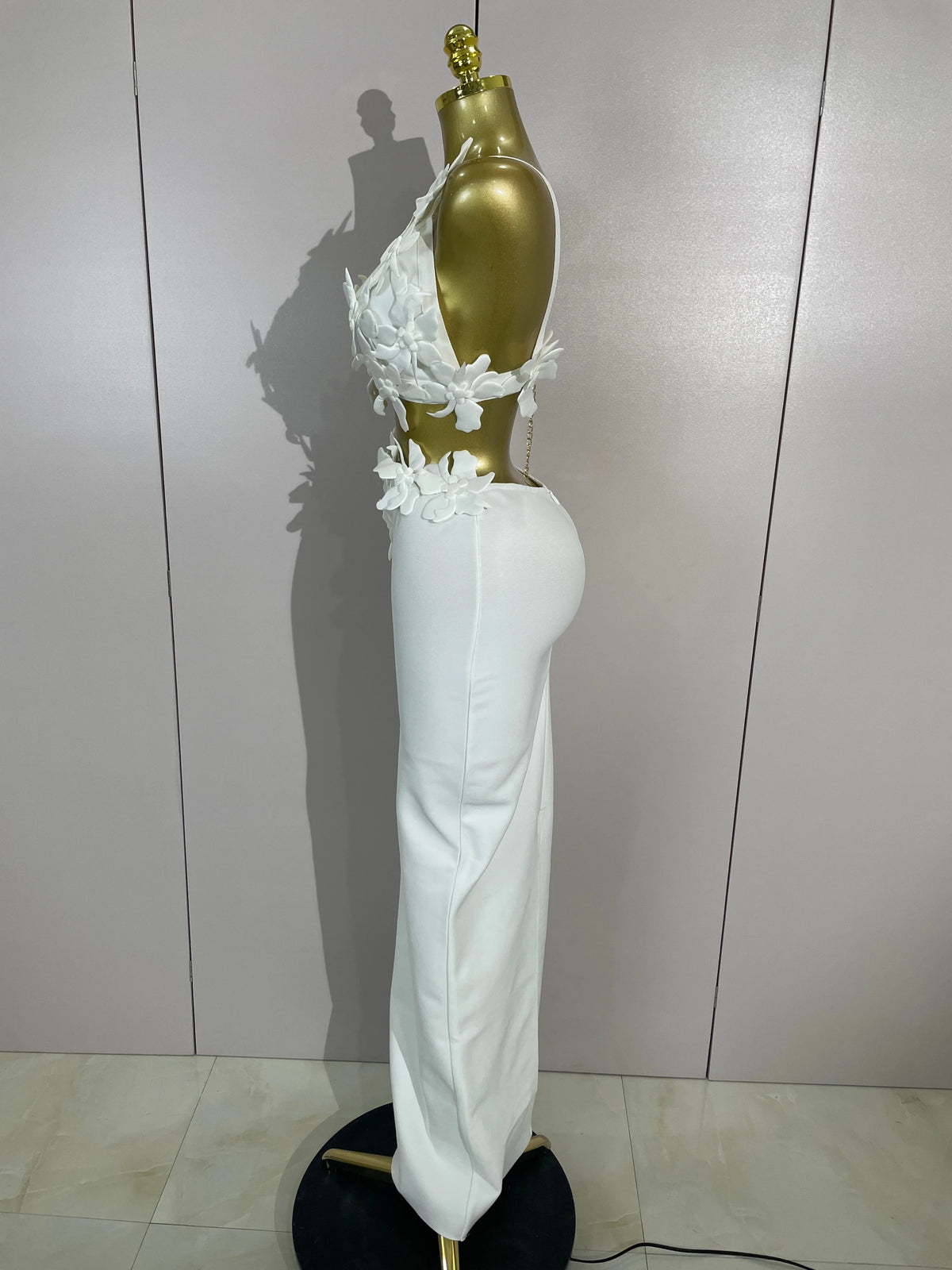 Women White Flowers V-Neck Bodycon Dress Set