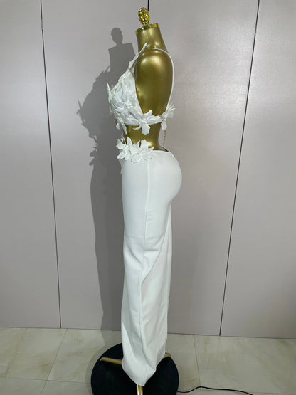 Women White Flowers V-Neck Bodycon Dress Set