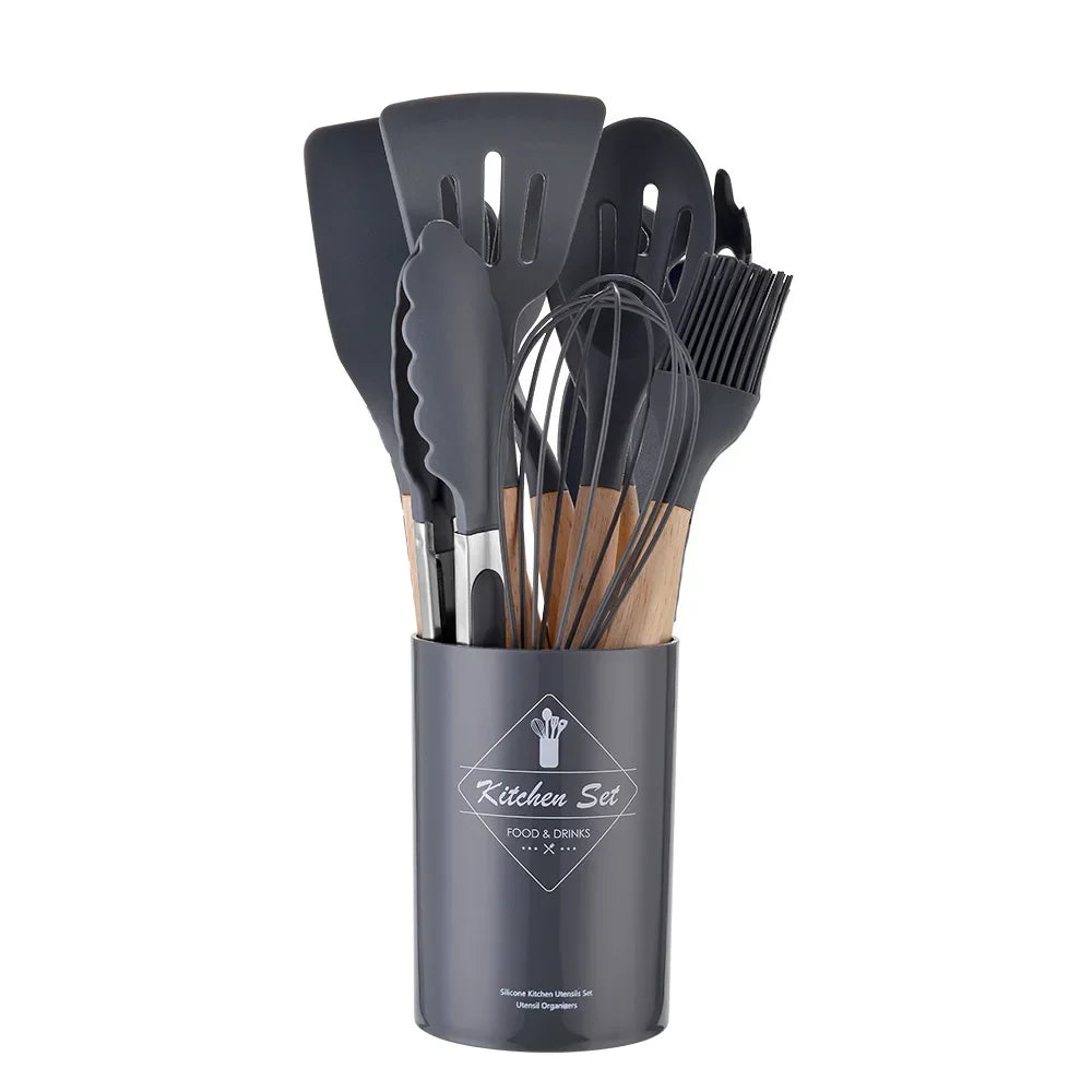 12 Piece Silicone Kitchen Utensils Set with Wooden Handle