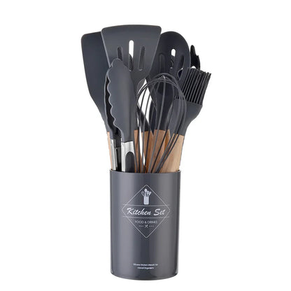 12 Piece Silicone Kitchen Utensils Set with Wooden Handle