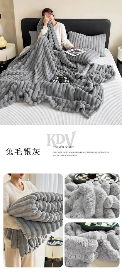 Luxury Faux Rabbit Fur Throw Blanket Solid Color Plush