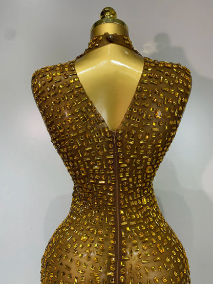 Gold Rhinestone Sleeveless Long Dress for Women