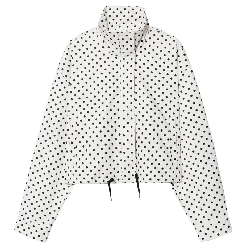 Polka Dot Bomber Jacket Women's Zip Up Crop Coat