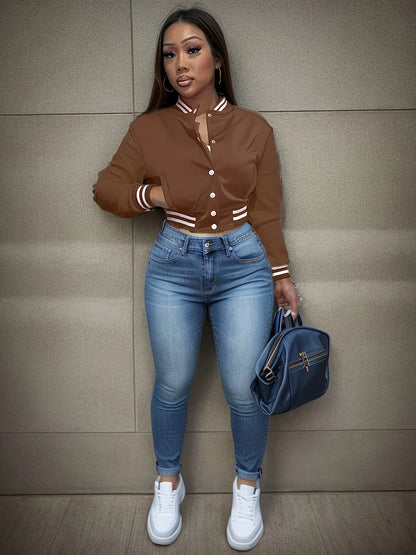 Women's Pure Color Single Breasted Baseball Jacket
