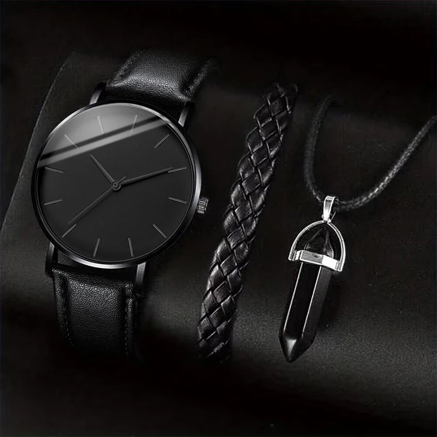 Men's Quartz Watch Set with Leather Band and Accessories
