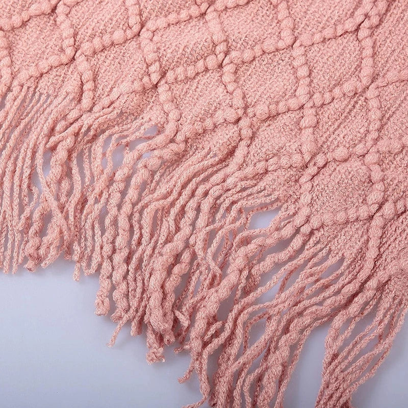 Khaki Knitted Acrylic Blanket with Tassels