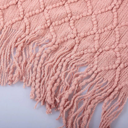 Khaki Knitted Acrylic Blanket with Tassels