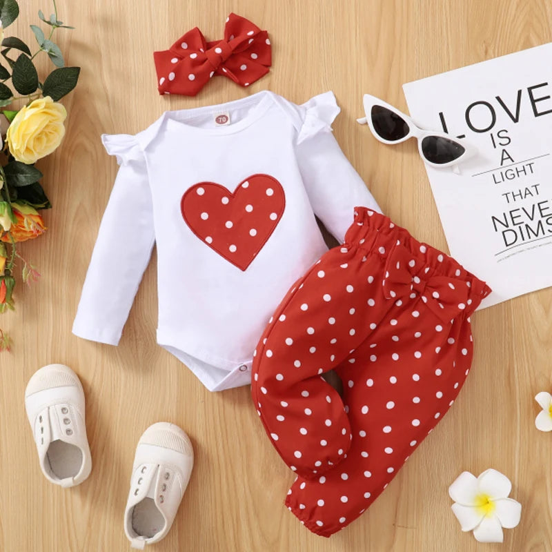 3PCS Baby Girl Clothes Set Long Sleeve Romper Pant Headband