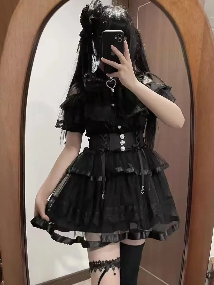 Japanese Sweet Lolita Mini Skirt Women Retro Lace Skirt