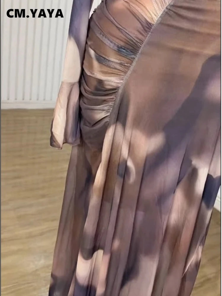 Women Tie Dye Maxi Dress with Skew Neck and Flare Sleeves