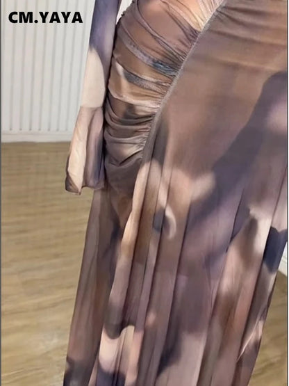 Women Tie Dye Maxi Dress with Skew Neck and Flare Sleeves