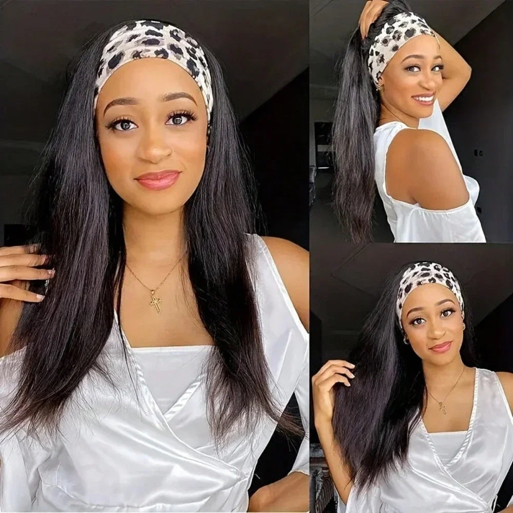 Human Hair Straight Headband Wig Natural Black 180% Density