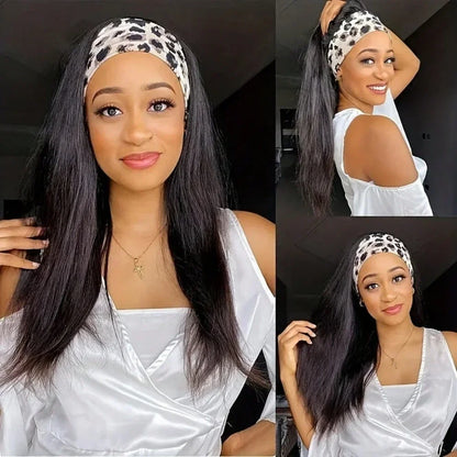 Human Hair Straight Headband Wig Natural Black 180% Density