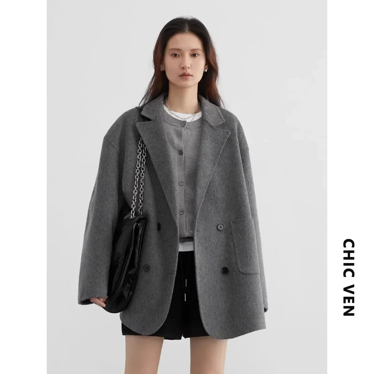 Women's Woolen Double Breasted Jacket Office Lady Outerwear