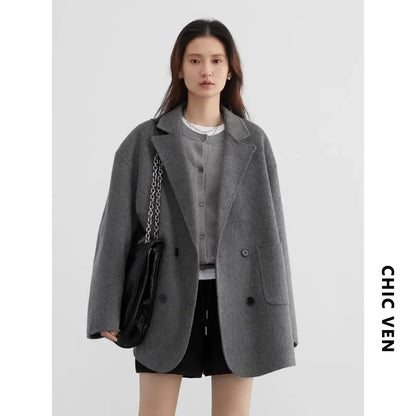 Women's Woolen Double Breasted Jacket Office Lady Outerwear