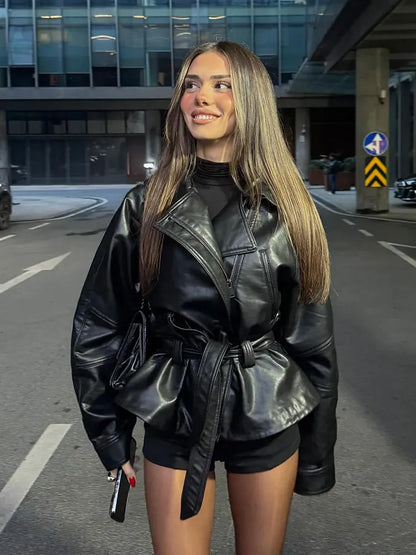 Black Faux Leather Vintage Trench Coat for Women