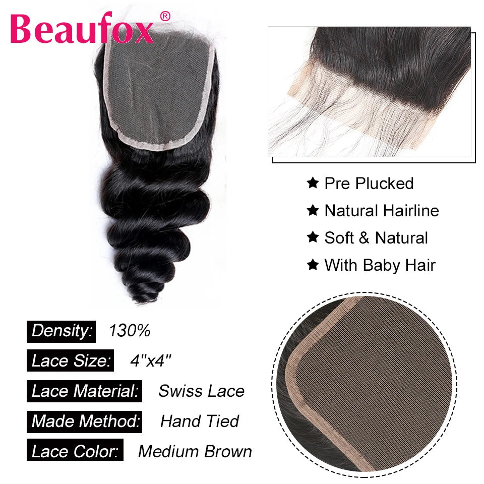 Beaufox Loose Wave Human Hair Bundles With Closure