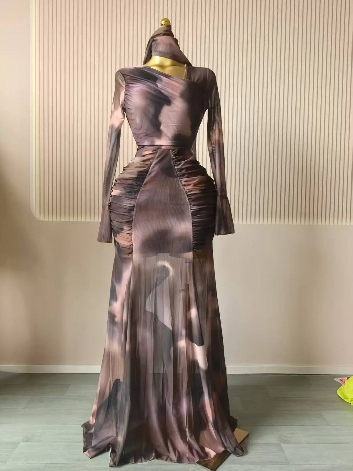 Women Tie Dye Maxi Dress with Skew Neck and Flare Sleeves