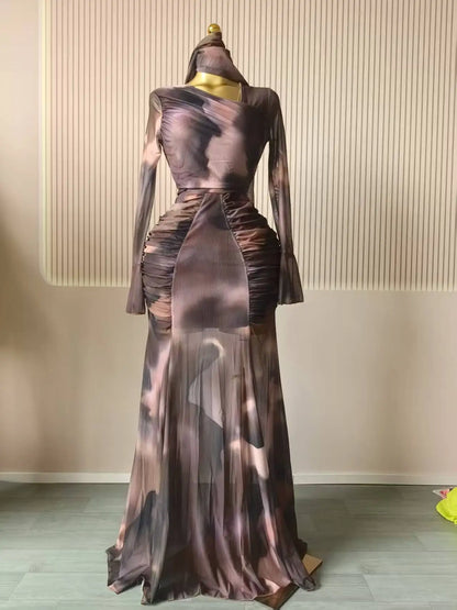 Women Tie Dye Maxi Dress with Skew Neck and Flare Sleeves
