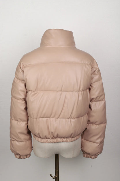 Black PU Leather Women's Winter Parka Jacket