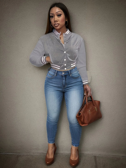 Women's Pure Color Single Breasted Baseball Jacket