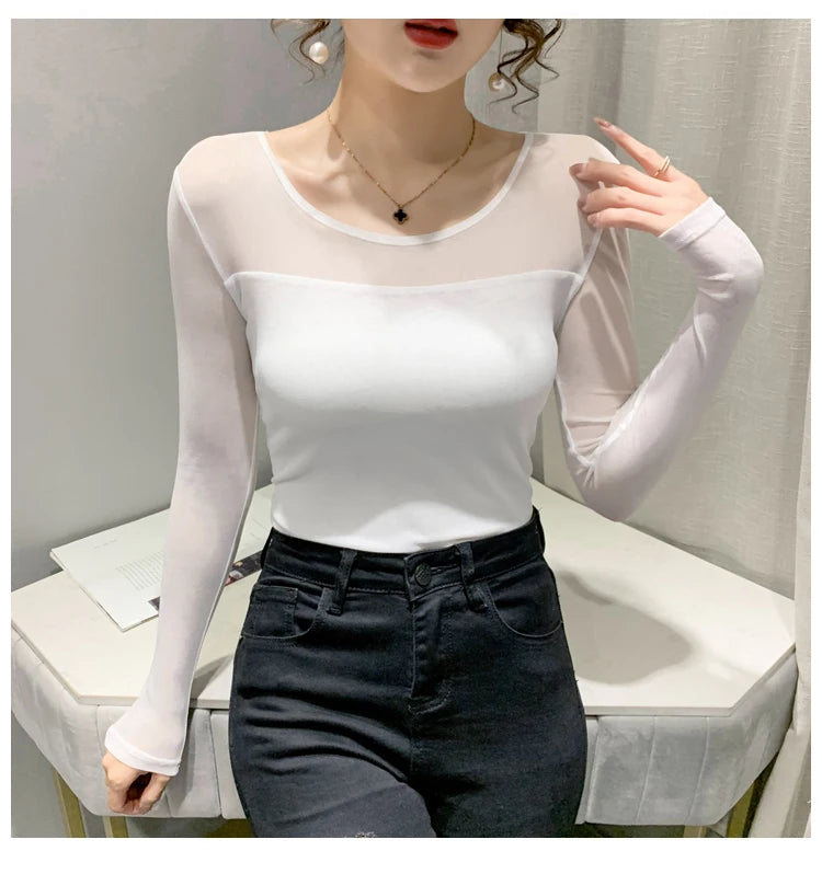 Women Slim Fit Long Sleeve Mesh T-Shirt