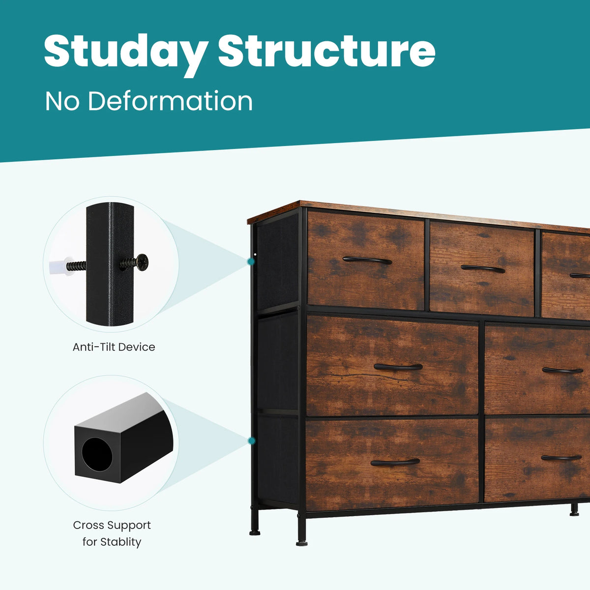 JHK Modern Wooden Dresser with 7 Fabric Drawers