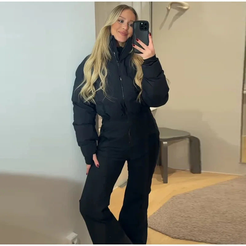 Faux Fur Hooded Women's Ski Jumpsuit with Zippers