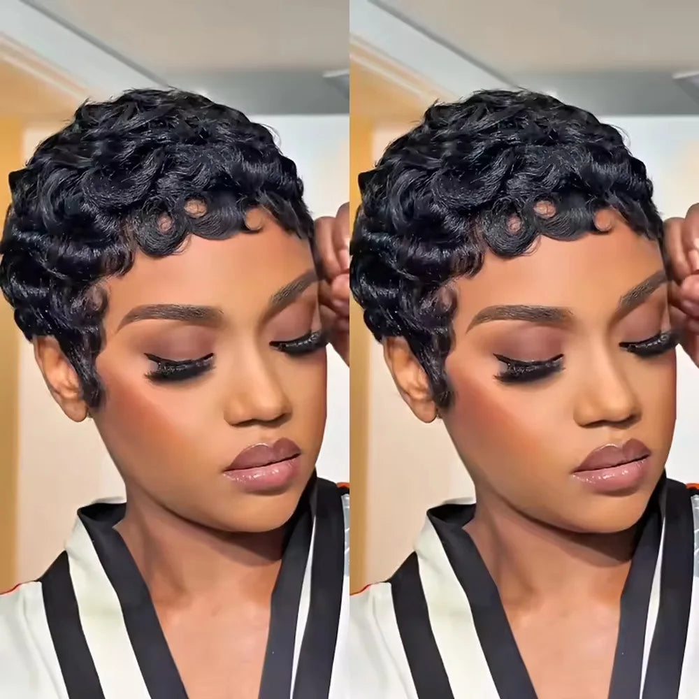 Short Layered Curly Pixie Cut Wig Natural Black