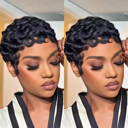 Short Layered Curly Pixie Cut Wig Natural Black