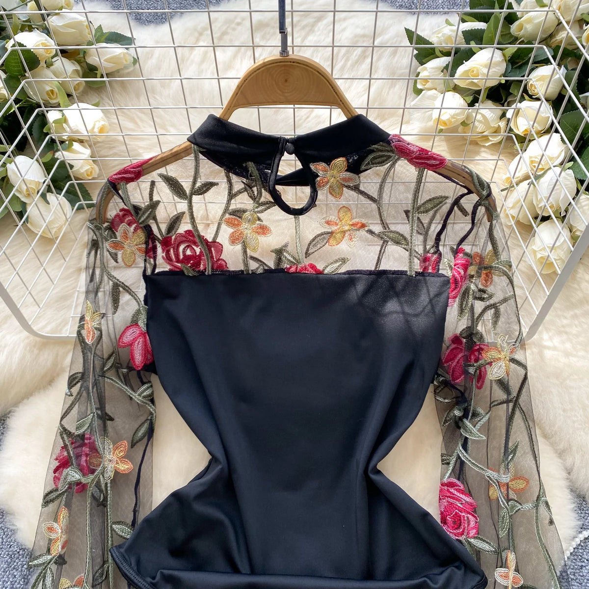 SINGREINY Vintage Embroidery Gauze Bodysuit for Women